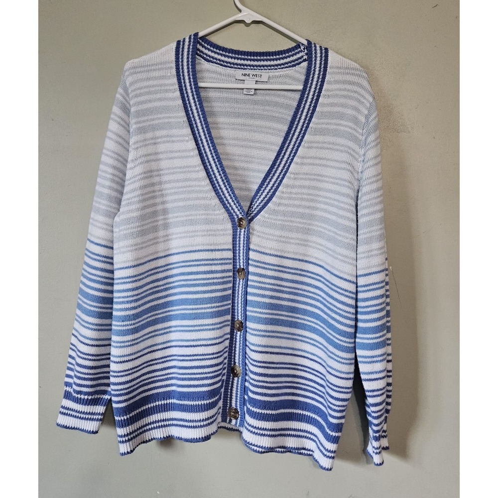💚🩷Nine West Light Blue Striped Cardigan Sweater Suze XXL Coastal Grandmother💙